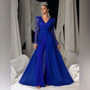 Royal Blue Evening Jumpsuit with Lace Sleeves with a Chiffon Cape Sz 1XL